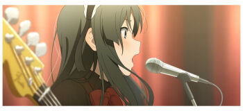  1girl 46_crt absurdres akiyama_mio bass_guitar black_eyes black_hair border bow bowtie commentary_request curtains from_side highres holding holding_bass_guitar holding_instrument instrument k-on! long_hair microphone music open_mouth red_bow red_bowtie singing solo stage_curtains white_border 
