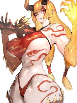  1girl bare_shoulders blonde_hair breasts covered_erect_nipples eyeliner facial_mark fate/grand_order fate_(series) forehead_mark fumio_(rsqkr) highres horns ibaraki_douji_(fate) large_breasts long_hair looking_at_viewer makeup narrow_waist navel oni pointy_ears red_eyes simple_background skin-covered_horns solo tattoo thick_thighs thighs white_background wide_hips yellow_eyes 