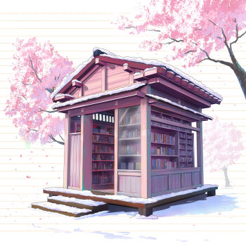 architecture bookshelf cherry_blossoms commentary east_asian_architecture falling_petals highres isobe_toast library no_humans original petals scenery snow tree 