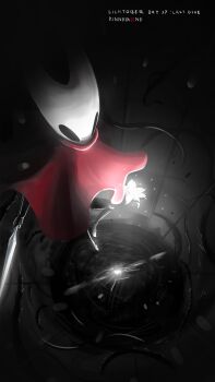  1girl arthropod_girl artist_name black_eyes black_skin cloak colored_skin commentary dated english_commentary everbloom_(hollow_knight) flower full_body glowing highres holding holding_flower holding_weapon hollow_eyes hollow_knight hollow_knight:_silksong horned_mask hornet_(hollow_knight) horns looking_down mask needle_(hollow_knight) red_cloak rinneg0ne_art solo tendril weapon white_flower white_mask 