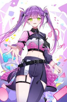  1girl abstract_background absurdres asymmetrical_pants belt belt_buckle black_belt blush buckle collared_shirt commentary controller cowboy_shot crop_top cropped_shirt demon_tail double-parted_bangs earclip earrings fingernails game_controller green_eyes hair_ornament hair_ribbon hairclip headphones highres hololive idol_clothes jewelry koohii_mikan long_hair long_sleeves looking_at_viewer midriff multicolored_shoes musical_note nail_polish navel open_mouth pants parallel_hairclips pink_nails purple_hair purple_pants reaching reaching_towards_viewer ribbon shirt smile solo standing straight_hair tail tokoyami_towa twintails wristband 