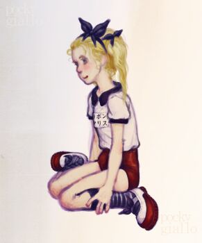  alice's_adventures_in_wonderland blonde_hair blue_eyes blush buruma child collared_shirt curly_hair elbow_blush hair_ribbon head_bow headband knee_blush name_tag nose_blush ribbon shirt shoes sitting socks striped_clothes striped_socks tongue tongue_out twintails uwabaki wariza  rating:General score:3 user:pockygiallo