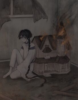  1boy alternate_hair_length alternate_hairstyle barefoot black_hair blunt_ends braid broken_window burning burning_building choppy_bangs closed_mouth clothing_cutout commentary curtains empty_eyes english_commentary eyeliner eyeshadow genshin_impact hair_intakes highres indoors japanese_clothes kariginu kimono knee_up long_hair long_sleeves low-braided_long_hair low-tied_long_hair makeup male_focus mandarin_collar pants plank purple_eyes purple_kimono purple_sleeves red_eyeliner red_eyeshadow scaramouche_(genshin_impact) scaramouche_(kabukimono)_(genshin_impact) shoulder_cutout sitting solo toy_house tsurime white_pants white_sleeves window yoruli_e 