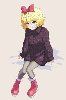  1girl alternate_costume black_pantyhose blonde_hair blue_eyes boots breasts christmas green_eyes hair_ribbon highres jack_(wkm74959) long_sleeves looking_at_viewer medicine_melancholy medium_breasts one-hour_drawing_challenge open_mouth pantyhose red_boots red_ribbon ribbon santa_boots short_hair simple_background sitting smile sweater touhou turtleneck turtleneck_sweater 