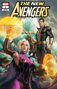  1boy 1girl abs absurdres avengers_(series) black_bodysuit black_dress black_eyes black_gloves black_hair blue_eyes bodysuit bracer cape cheekbones clea_strange comic_cover company_name copyright_logo copyright_name cover cover_page doctor_strange_(series) dress ejikure elbow_gloves english_text gloves gold_bracer highres holding holding_polearm holding_weapon logo long_hair looking_up magic magic_circle marvel mature_female muscular muscular_male namor navel obliques official_art parted_lips plunging_neckline pointy_ears polearm purple_bodystocking purple_cape short_hair superhero_costume trident water weapon white_hair 