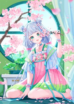  1girl :d blue_choker blue_ribbon blunt_bangs branch cherry_blossoms choker collarbone commentary_request dot_nose double_bun dress flower full_body green_eyes grey_hair hair_bun hair_flower hair_ornament highres holding holding_branch long_hair looking_at_viewer open_mouth original pink_dress plant potted_plant ribbon short_sleeves sitting smile solo wariza watermark wide_sleeves window yutukicom 