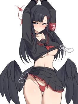  1girl ajidot armband arms_up assisted_exposure averting_eyes black_choker blue_archive blush breasts choker closed_mouth clothes_lift commentary_request curtained_hair disembodied_hand feathered_wings frown groin hair_ornament hairclip halo highres ichika_(blue_archive) korean_commentary long_hair long_sleeves low_wings medium_breasts miniskirt navel neckerchief panties pleated_skirt red_armband red_neckerchief red_panties shirt shirt_lift simple_background skirt solo solo_focus thigh_gap thighs underwear unusually_open_eyes white_background wings  rating:Sensitive score:14 user:R1C0