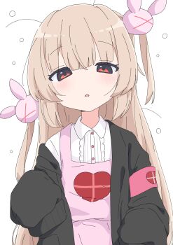  1girl absurdres apron armband black_cardigan blonde_hair blush cardigan commentary_request frills hair_ornament heart highres jacket long_hair long_sleeves looking_at_viewer natori_sana okumoto_(sugoku_erai) open_clothes open_jacket parted_lips pink_apron pink_armband rabbit_hair_ornament red_eyes sana_channel shirt solo squeans two_side_up virtual_youtuber white_shirt 