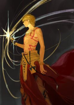 1boy absurdres armor blonde_hair body_markings bracelet chinese_commentary commentary_request earrings fate/grand_order fate_(series) feet_out_of_frame gauntlets gilgamesh_(fate) highres jewelry male_focus necklace open_mouth profile red_eyes short_hair smile solo topless_male waist_cape wangsilin610 