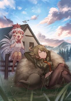  2girls animal_ears aurochs_(kemono_friends) bird bird_tail bird_wings blonde_hair blue_sky boots breast_pocket brown_eyes brown_hair brown_pantyhose camouflage camouflage_shirt camouflage_skirt chicken_(kemono_friends) chicken_girl cloud cloudy_sky cow_ears cow_horns crop_top empty_eyes extra_ears gradient_hair green_hair hair_horns happy hay head_wings horns hotechige house kemono_friends kemono_friends_3 kemono_friends_3:_planet_tours long_hair long_sleeves morning mountain multicolored_hair multiple_girls nature navel necktie official_art one_eye_closed open_mouth orange_necktie outdoors pantyhose pocket red_hair shirt shoes short_hair short_sleeves shouting sitting_on_fence skirt sky sweater tail thigh_boots thighhighs toned tree watch weapon white_hair white_shirt white_shoes white_sweater wings wristwatch yellow_eyes yellow_thighhighs 