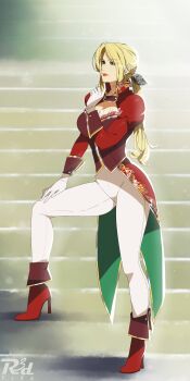  1girl absurdres artist_logo blonde_hair blue_eyes bob_cut breasts cleavage closed_mouth commentary dead_or_alive english_commentary full_body gloves helena_douglas high_collar high_heels highres jacket large_breasts lipstick logo long_hair makeup pants parted_bangs ponytail r3dfive smile solo standing tailcoat vest waistcoat watermark white_gloves white_pants 