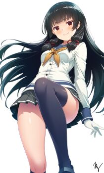  >:) 1girl absurdres arm_behind_back asymmetrical_legwear black_hair black_thighhighs blue_sailor_collar blunt_bangs blush breasts closed_mouth commentary_request convenient_leg feet_out_of_frame floating_hair from_below gloves grey_skirt hair_ribbon highres isokaze_(kancolle) kantai_collection long_hair long_sleeves looking_at_viewer looking_down medium_breasts miniskirt mismatched_legwear neckerchief pleated_skirt red_eyes red_ribbon ribbon sailor_collar school_uniform serafuku shirt sidelocks signature simple_background single_thighhigh skirt smile smug solo standing straight_hair takuma_(takumo7121) tareme thigh_focus thighhighs thighs upskirt v-shaped_eyebrows very_long_hair white_background white_gloves white_shirt yellow_neckerchief 