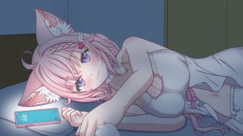  1girl ahoge animal_ears bare_shoulders bloomers blush breasts cellphone choker cleavage cleavage_cutout closed_mouth clothing_cutout collarbone commentary_request fingernails frilled_choker frills hair_ornament hairclip hakui_koyori hakui_koyori_(summer) heart heart_hair_ornament highres hololive indoors large_breasts lingerie long_hair looking_at_viewer lying nail_polish navel negligee night on_side phone pillow pink_choker pink_eyes pink_hair pink_lips pink_nails pink_ribbon pom_pom_(clothes) ribbon smartphone smile solo_focus stomach tachiyama4691 two-tone_choker underwear virtual_youtuber white_bloomers white_choker white_negligee wing_hair_ornament wolf_ears wolf_girl 