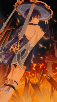  1boy animal_print armor bird_print black_bridal_gauntlets black_eyes black_hair black_shorts blue_hat blunt_ends bridal_gauntlets burning burning_building cape cinders eyeliner eyeshadow fingernails from_behind from_below furisode genshin_impact gold hand_up hat highres japanese_armor japanese_clothes jingasa kimono kote kurokote leg_warmers looking_at_viewer looking_back makeup male_focus night parted_lips perota_1 purple_cape purple_rope red_eyeliner red_eyeshadow rope scaramouche_(genshin_impact) short_sleeves shorts solo standing tassel tsurime twitter_username wanderer_(genshin_impact) white_kimono white_leg_warmers white_mouth white_sleeves white_trim 