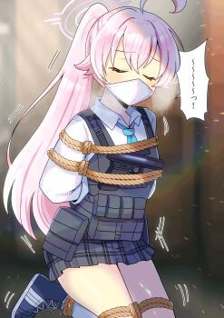 1girl ahoge arms_behind_back bdsm black_skirt blue_archive blue_necktie blue_shoes blurry blurry_background bondage bound bulletproof_vest closed_eyes collared_shirt commentary_request commission gag gagged halo highres hoshino_(armed)_(blue_archive) hoshino_(blue_archive) improvised_gag kneehighs kneeling kou_hiyoyo long_hair long_sleeves mask miniskirt mouth_mask necktie one_eye_closed pink_hair pink_halo plaid_clothes plaid_skirt pleated_skirt ponytail rope school_uniform shirt shoes skeb_commission skirt socks solo speech_bubble variant_set white_shirt white_socks 