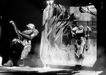  2girls against_wall arm_cannon armor doorway full_body fusion_suit glowing glowing_eyes greyscale hallway helmet hiding high_contrast indoors mecha metroid metroid_fusion monochrome multiple_girls nintendo power_armor power_suit_(metroid) robot sa-x samus_aran shadow squatting standing tristan_jones varia_suit water weapon wire  rating:Sensitive score:14 user:danbooru