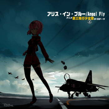 1girl aircraft airplane album_cover artist_name blazer cloud commentary_request copyright_name cover daisan_hikou_shoujo-tai f-4_phantom_ii fighter_jet gloves highres hitotose_aria iai_kfir jacket looking_at_viewer mig-23 military military_vehicle mitsubishi_f-1 nogami_takeshi official_artist_extra pink_eyes pink_hair shirobako short_hair sketch sky song_name