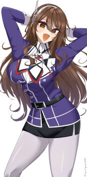  1girl arms_behind_head ashigara_(kancolle) ashigara_kai_ni_(kancolle) blush breasts brown_eyes brown_hair chamumi_(mochiumee) commentary_request fang gloves hair_ornament hairband highres jacket kantai_collection large_breasts long_hair looking_at_viewer military military_uniform open_mouth pantyhose pencil_skirt purple_jacket skirt smile solo twitter_username wavy_hair white_gloves white_hairband white_pantyhose 