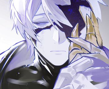  2boys bags_under_eyes black_cloak black_shirt clawed_gauntlets cloak cracked_skin flame_reaver_of_the_deepest_dark fsh887624596321 hand_on_another's_cheek hand_on_another's_face highres holding_hands honkai:_star_rail honkai_(series) hood hood_down hooded_cloak male_focus multiple_boys mydei_(honkai:_star_rail) phainon_(honkai:_star_rail) shirt short_hair white_hair yaoi 