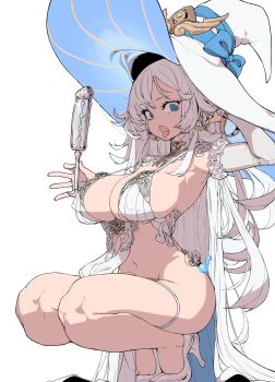  1girl absurdres arm_up armpits artist_request bangle bare_shoulders bikini blue_eyes bottomless bracelet breasts bridal_gauntlets choker cleavage commission covered_erect_nipples dildo halterneck hat high_heels highres holding holding_sex_toy implied_fellatio jewelry large_breasts large_hat long_hair navel open_mouth original pelvic_curtain priana purnwui saliva saliva_trail second-party_source sex_toy sexually_suggestive sideboob simple_background solo squatting stomach strap_gap string_bikini swimsuit thigh_strap thighs tongue tongue_out very_long_hair white_background white_bikini white_choker white_footwear white_hair white_hat witch_hat  rating:Explicit score:67 user:danbooru