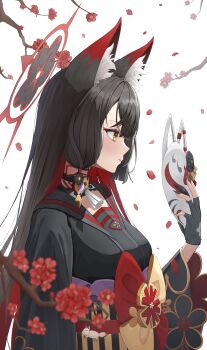  1girl absurdres animal_ear_fluff animal_ears arm_at_side black_gloves black_hair black_kimono black_nails blue_archive blunt_bangs blunt_ends blurry blush branch colored_inner_hair depth_of_field eyelashes eyeshadow falling_petals fingerless_gloves fingernails flower fox_ears fox_girl fox_mask from_side gloves hair_between_eyes halo hand_up highres hime_cut holding holding_mask japanese_clothes kimono long_hair long_sleeves makeup mask multicolored_hair nail_polish neck_tassel petals profile red_eyeshadow red_flower red_hair red_halo sidelocks simple_background solo straight_hair tassel transparent_background two-tone_hair upper_body wakamo_(blue_archive) whoing_x2 wide_sleeves yellow_eyes 