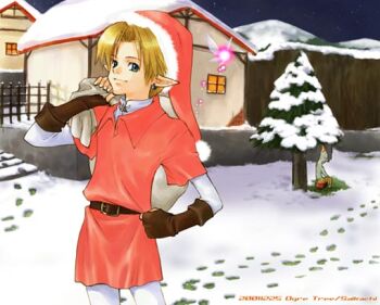  2001 2boys artist_name bad_id belt belt_buckle blonde_hair blue_eyes brown_belt brown_gloves buckle christmas closed_mouth commentary_request dated earrings fairy fingerless_gloves footprints fur-trimmed_headwear fur_trim gloves half-timbered hand_on_own_hip hat holding holding_sack house in-universe_location jewelry kakariko link multiple_boys night nintendo outdoors over_shoulder pine_tree pointy_ears red_hat red_tunic sack saikachi_(ogre_tree) santa_hat short_hair sky smile snow star_(sky) star_(symbol) starry_sky the_legend_of_zelda the_legend_of_zelda:_ocarina_of_time tree tunic village window 