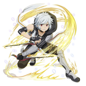 1boy anime_coloring armored_boots bell_cranel black_choker black_gloves boots choker danmachi_memoria_freese dual_wielding dungeon_ni_deai_wo_motomeru_no_wa_machigatteiru_darou_ka full_body gloves holding holding_sword holding_weapon hood hood_down lightning looking_at_viewer magic male_focus official_alternate_costume official_art on_one_knee parted_lips red_eyes reverse_grip short_hair short_sword single_shoulder_pad single_sleeve single_vambrace solo sword third-party_source vambraces weapon white_background white_hair