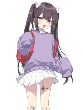  1girl backpack bag bag_charm bandaid bandaid_on_leg black_hair blush bow center-flap_bangs charm_(object) fang hair_bow hair_ornament hairclip heart heart_hair_ornament highres kyotomeru loli long_hair long_sleeves masturbation miniskirt open_mouth original pleated_skirt purple_eyes purple_sweater randoseru red_bag sex_toy shoes skirt sleeves_past_wrists socks star_(symbol) star_hair_ornament stealth_masturbation sweater symbol-shaped_pupils twintails twitter_username ume-chan_(kyotomeru) vibrator vibrator_in_thigh_strap vibrator_under_clothes wavy_mouth white_skirt  rating:Questionable score:120 user:danbooru