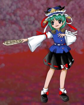  1girl asymmetrical_hair bare_legs black_shoes black_skirt blue_eyes blue_vest bow breasts epaulettes footwear_bow frilled_hat frills full_body green_hair hand_on_own_chest hat highres laruc_larum legs long_sleeves looking_to_the_side medium_hair multicolored_bow official_style open_mouth outstretched_arms puffy_sleeves red_background ribbon-trimmed_skirt ribbon_trim rod_of_remorse shiki_eiki shoes skirt small_breasts smile socks solo spread_arms standing touhou vest white_socks wide_sleeves zun_(style) 