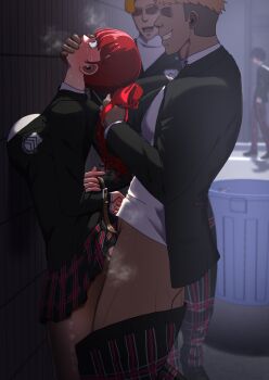  1girl 3boys against_wall alley amamiya_ren arms_behind_back bdsm blush bondage bound bound_wrists breast_press breasts covering_another's_mouth crying drooling faceless faceless_male gagged grabbing_another's_hair hair_ribbon hand_gagged hand_over_another's_mouth heavy_breathing hetero holding_another's_hair large_breasts long_hair multiple_boys pantyhose persona persona_5 persona_5_the_royal ponytail rape red_eyes red_hair ribbon saliva school_uniform sex tears torn_clothes wide-eyed yoshizawa_kasumi zetsu_red 