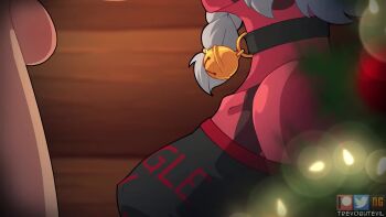  1boy 1girl animated bare_shoulders bell black_collar black_horns black_lips black_shirt blurry blurry_background bottomless calico_(evil_trevo) closed_eyes collar collarbone colored_skin covered_erect_nipples deepthroat demon_girl evil_trevo fairykissva_(voice_actor) fellatio grey_hair hetero highres horns irrumatio lipstick lipstick_ring long_tongue makeup neck_bell oral original penis pointy_ears red_skin red_sweater saliva shirt solo_focus sound sweater tagme testicles throat_bulge tongue tongue_out tonguejob video 