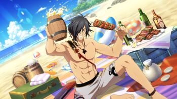 1boy abs alcohol artist_request beach black_hair cloud collarbone cowboy_shot flip-flops food game_cg hair_between_eyes hair_over_one_eye highres holding holding_food innertube jewelry long_hair looking_at_viewer male_swimwear necklace ocean official_alternate_costume official_art rokurou_rangetsu sake sandals sheath sheathed shish_kebab sitting sky smile solo sunlight swim_ring sword tales_of_(series) tales_of_berseria tales_of_crestoria third-party_source waves weapon white_male_swimwear yellow_eyes
