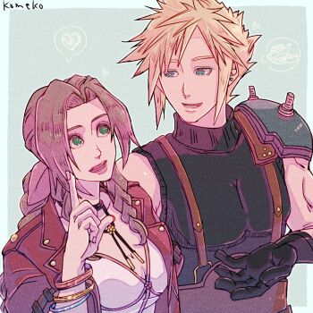  1boy 1girl aerith_gainsborough armor artist_name bangle belt black_belt black_gloves black_shirt blonde_hair blue_background blue_eyes bracelet braid braided_ponytail breasts brown_hair choker cleavage cloud_strife commentary_request dress earrings final_fantasy final_fantasy_vii final_fantasy_vii_remake flower_choker gloves gold_bangle gold_buttons green_eyes hair_ribbon heart highres jacket jewelry komeko_(strikek-lvvjm27) long_hair looking_at_another medium_breasts open_mouth parted_bangs pauldrons pink_dress pink_ribbon pointing red_jacket ribbon shirt short_hair short_sleeves shoulder_armor sidelocks silver_bangle single_bare_shoulder single_braid single_earring single_pauldron sleeveless sleeveless_turtleneck smile spiked_hair spoken_heart suspenders teapot turtleneck 