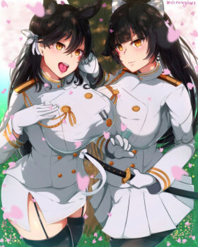  2girls atago_(azur_lane) azur_lane black_garter_straps black_hair black_pantyhose black_thighhighs bow breasts commentary_request drawing_sword garter_straps gloves hair_bow holding holding_sword holding_weapon huge_breasts impossible_clothes impossible_jacket jacket katana long_hair long_sleeves military_uniform miniskirt mole mole_under_eye multiple_girls noteblue open_mouth pantyhose pencil_skirt pleated_skirt scabbard sheath siblings sisters skirt sword takao_(azur_lane) teeth thighhighs tongue tongue_out upper_teeth_only weapon white_bow white_gloves white_jacket white_skirt yellow_eyes 