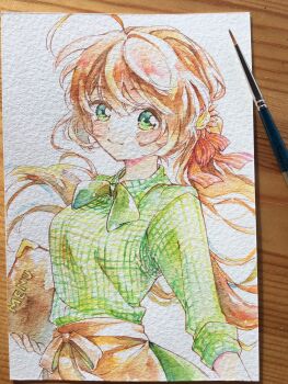  1girl ahoge alternate_costume alternate_hairstyle apron art_tools_in_frame blush bow bowtie brown_apron brown_hair chogi closed_mouth collared_shirt cowboy_shot floating_hair flower green_bow green_bowtie green_eyes green_shirt hair_between_eyes hair_flower hair_ornament hair_ribbon highres holding holding_menu huge_ahoge kanbe_kotori long_sleeves looking_at_viewer low_ponytail menu photo_(medium) pink_flower plaid_clothes plaid_shirt ponytail red_ribbon rewrite ribbon shirt simple_background sleeves_rolled_up smile solo traditional_media waist_apron waitress white_background 