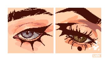 artist_name brown_eyes close-up commentary english_commentary eyelashes eyeliner grey_eyes makeup mascara mole mole_under_eye original pixel_art thisislux 