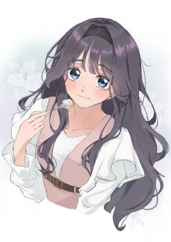  1girl :t absurdres belt belt_buckle black_hair black_hairband blue_eyes blush brown_belt brown_vest buckle chest_belt closed_mouth commentary cropped_torso fluffy_hair food food_on_face fork frilled_sleeves frills hairband hand_up highres holding holding_fork kaoru_hana_wa_rin_to_saku long_hair long_sleeves looking_at_viewer shirt sirahoshisua solo vest waguri_kaoruko wavy_hair white_background white_shirt wispy_bangs 