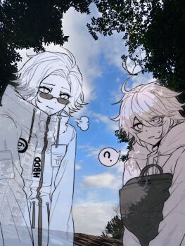  2boys ? absurdres ahoge aotsuki_eito backpack bag bug butterfly chinese_commentary commentary_request day drawstring e880444865 eyes_visible_through_hair hair_between_eyes height_difference high_collar highres holding holding_bag hood hood_down hoodie huffing insect jacket jacket_over_hoodie long_sleeves male_focus multiple_boys open_clothes open_jacket outdoors photo_background pocket puff_of_air short_hair speech_bubble spoken_question_mark sumino_takumi sunglasses the_hundred_line_-last_defense_academy- zipper_pull_tab 