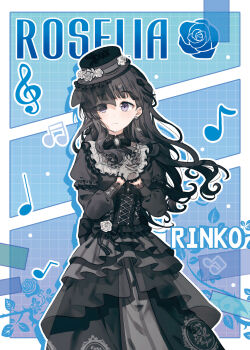  1girl alternate_costume bang_dream! bang_dream!_girls_band_party! beamed_eighth_notes black_dress black_eyes black_gloves black_hair blunt_bangs character_name chinese_commentary commentary_request dress eighth_note english_text flower frilled_dress frills gloves gothic_lolita hat hat_flower highres jewelry kazano_hiori lolita_fashion long_hair long_sleeves looking_at_viewer migolu musical_note nuoweisenlin_tongren_gongzuoshi own_hands_together puffy_sleeves purple_eyes quarter_note rose roselia_(bang_dream!) shirokane_rinko smile solo wavy_hair 