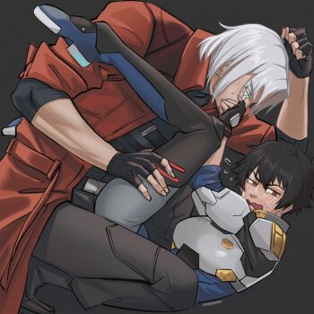  armor artist_name black_background black_gloves black_hair blush coat commentary dante_(devil_may_cry) devil_may_cry_(netflix) devil_may_cry_(series) english_commentary fingerless_gloves flying_sweatdrops gloves green_eyes heterochromia highres jumpoon lady_(devil_may_cry) red_coat red_eyes simple_background sweatdrop white_hair 