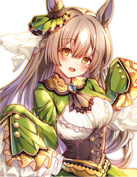  1girl animal_ears ascot black_ascot blush braid breasts brown_corset brown_hair commentary_request corset double-parted_bangs dress ear_ornament frilled_dress frills green_dress hair_between_eyes half_up_braid highres horse_ears horse_girl long_hair long_sleeves looking_at_viewer medium_breasts multicolored_hair open_mouth revision satono_diamond_(natural_brilliance)_(umamusume) satono_diamond_(umamusume) simple_background sleeves_past_fingers sleeves_past_wrists smile solo streaked_hair umamusume upper_body white_background white_hair yellow_eyes zbobo 