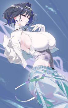  1girl blue_eyes blue_hair blue_pants bow bow_earrings breasts chain chain_headband colored_inner_hair commentary covered_navel cropped_jacket earrings hair_intakes hands_up hashtag-only_commentary highres hololive hololive_english huge_breasts jacket jewelry leotard looking_at_viewer multicolored_hair necklace ouro_kronii pants parted_lips short_hair shrug_(clothing) sideboob solo turtleneck virtual_youtuber white_jacket white_leotard white_shrug yd_(orange_maru) 
