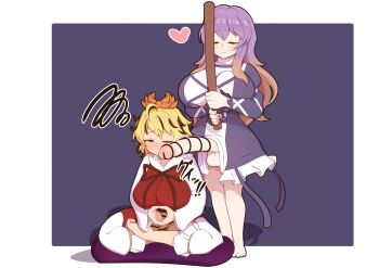  2girls :/ barefoot black_hair black_jacket black_straps blonde_hair blush border bottomless breasts brown_ribbon closed_eyes closed_mouth commentary_request frilled_jacket frills futanari gradient_hair hair_between_eyes hair_ornament heart highres hijiri_byakuren holding holding_stick jacket kulettula large_breasts leggings long_hair long_sleeves lotus_position meditation multicolored_hair multiple_girls neck_ribbon nose_blush opening_eyes own_hands_together peeking penis purple_background purple_hair raised_inner_eyebrows red_skirt red_vest ribbon shirt simple_background sitting skirt smile squiggle stick streaked_hair testicles toramaru_shou touhou vest white_border white_leggings white_shirt white_straps wide_sleeves 