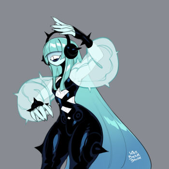 1boy 2024 androgynous arms_up artist_name black_bodysuit blue_hair bodysuit bulge commentary cowboy_shot criss-cross_straps curvy english_commentary fingerless_gloves fingernails gloves grey_background hair_over_eyes headphones kitt_betelgeuse long_hair long_sleeves male_focus open_mouth original puffy_long_sleeves puffy_sleeves see-through_clothes sharp_fingernails sidelocks simple_background solo straight_hair thick_thighs thighs very_long_hair vivian_beat_(kitt_betelgeuse)