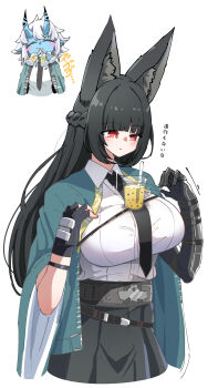  2girls absurdres alternate_breast_size_(larger) animal_ear_fluff animal_ears aqua_jacket arm_out_of_sleeve black_hair black_necktie black_skirt blue_horns blue_oni blue_skin blunt_bangs blush breasts bubble_tea bubble_tea_challenge caseee999 closed_eyes closed_mouth colored_skin commentary_request drinking drinking_straw fingerless_gloves fox_ears fox_girl gauntlets gloves hair_between_horns half-closed_eyes hands_up high-waist_skirt highres horns hoshimi_miyabi jacket large_breasts long_hair looking_down motion_lines multicolored_horns multiple_girls necktie oni open_mouth red_eyes shirt shirt_tucked_in simple_background single_fingerless_glove single_gauntlet skin-covered_horns skirt soukaku_(zenless_zone_zero) translation_request two-tone_horns white_background white_shirt zenless_zone_zero 