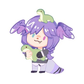  1girl black_shirt blue_eyes braid chibi closed_mouth commentary english_commentary fang full_body grey_pants head_wings heterochromia highres long_hair nessie_(respawn) nijisanji nijisanji_en pants purple_eyes purple_hair respawn_entertainment selen_tatsuki shirt simple_background smile solo tail tumblingcats virtual_youtuber white_background wings 