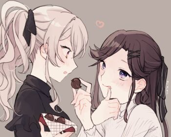  2girls :q alternate_hairstyle animal-themed_food artist_name black_ribbon black_shirt blonde_hair blush box box_of_chocolates brown_background brown_hair chocolate chocolate_on_face closed_mouth commentary eye_contact feeding food food_on_face frilled_shirt frills from_side hair_ornament hair_ribbon half_updo hand_up hands_up heart holding holding_box holding_chocolate holding_food long_hair long_sleeves looking_at_another multiple_girls open_box parted_bangs parted_lips ponytail purple_eyes red_eyes ribbed_sweater ribbon saijou_claudine shirt shoujo_kageki_revue_starlight sidelocks simple_background smile sweater tendou_maya tongue tongue_out untranslatable_commentary upper_body valentine wato_(ko) wavy_hair white_sweater wiping_mouth x_hair_ornament yuri 