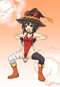 1girl blush body_control collar haigure haigure_pose hat hypnosis kono_subarashii_sekai_ni_shukufuku_wo! leotard loli megumin mind_control sintro_(sintro8190) swimsuit witch_hat  rating:Questionable score:8 user:Ultimate52