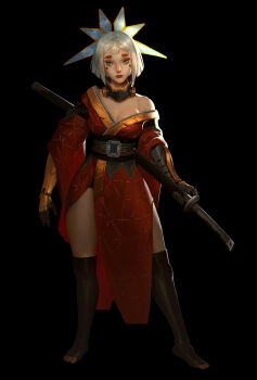  1girl black_background black_socks breasts center-flap_bangs commentary cyberpunk double-parted_bangs english_commentary furisode gloves green_eyes hair_ornament highres holding holding_sword holding_weapon japanese_clothes katana kimono kneehighs large_breasts long_sleeves makeup mask narrow_waist obi off_shoulder pelvic_curtain red_kimono red_lips respirator sash short_hair short_kimono side_slit simple_background socks sonzennart sword thick_eyebrows unworn_mask weapon white_hair wide_hips 