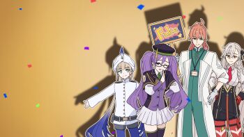  2boys 2girls absurdres ahoge androgynous atlas_academy_uniform blue_hair blue_leggings blue_pantyhose braid brown_hair capelet captain_nemo_(fate) captain_nemo_(first_ascension)_(fate) chaldea_logo chaldea_uniform fate/grand_order fate/strange_fake fate_(series) glasses gloves gradient_hair green_eyes green_necktie hat highres jacket lab_coat lanyard leggings long_hair long_sleeves looking_at_viewer multicolored_hair multiple_boys multiple_girls necktie nemo_(fate) niwaikanai olga_marie_animusphere orange_eyes orange_hair pants pantyhose ponytail purple_capelet purple_eyes purple_hair purple_hat red_pantyhose romani_archaman sign sion_eltnam_(type-moon) sion_eltnam_sokaris skirt smile tight_clothes tight_pants turban white_gloves white_hair white_jacket white_turban 